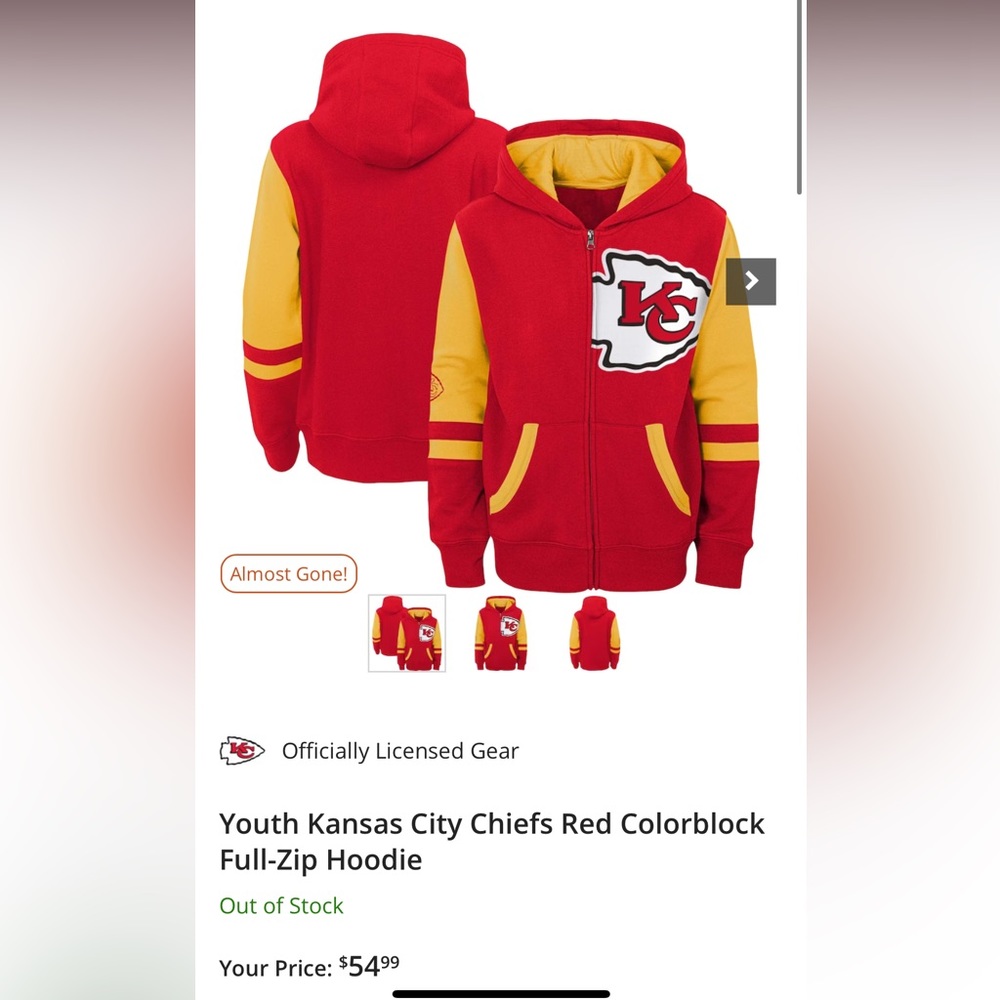 ❌ SOLD ❌ Youth Kansas City Chiefs Full Zip Hoodie